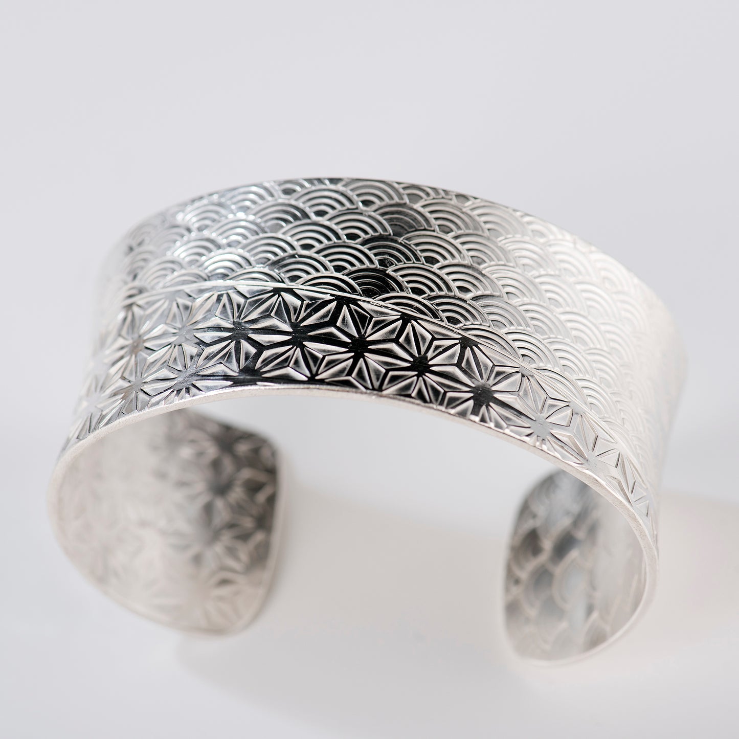 Anticlastic Cuff Featuring Hand-Stamped Traditional Japanese Asanoha and Seigaiha Patterns