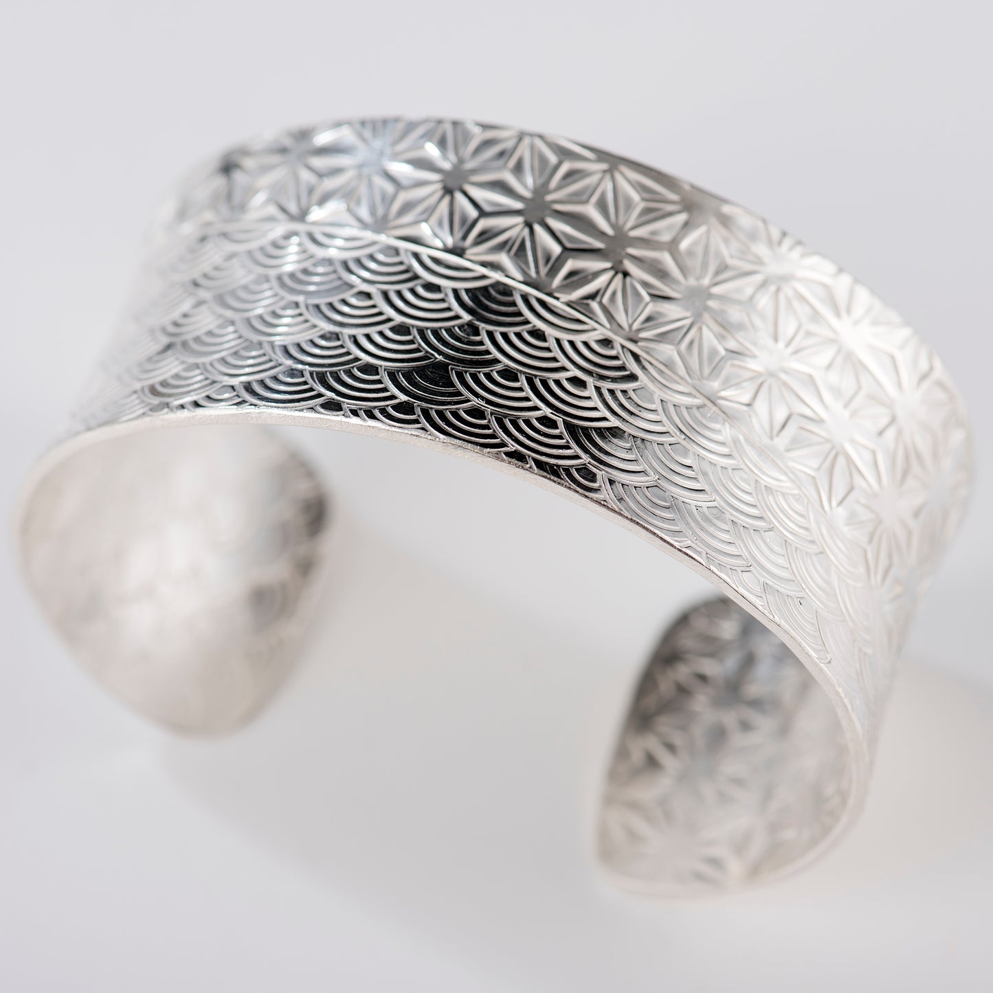 Anticlastic Cuff Featuring Hand-Stamped Traditional Japanese Asanoha and Seigaiha Patterns