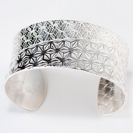 Anticlastic Cuff Featuring Hand-Stamped Traditional Japanese Asanoha Pattern and Repeating Triangle Pattern