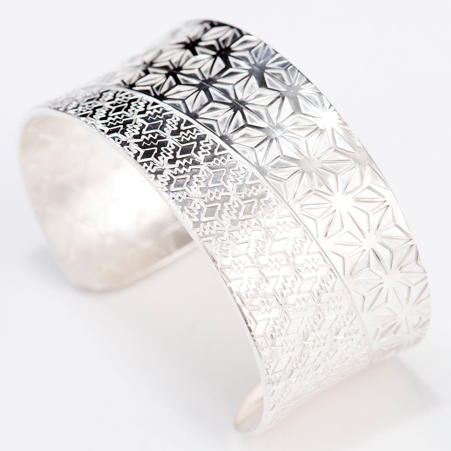 Anticlastic Cuff Featuring Hand-Stamped Traditional Japanese Asanoha Pattern and Repeating Triangle Pattern