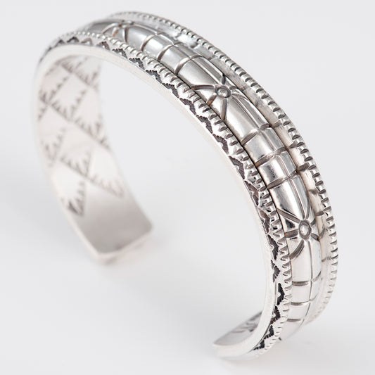 Sterling Silver Hand-Stamped and Filed Triangle and Half Round Wire Cuff